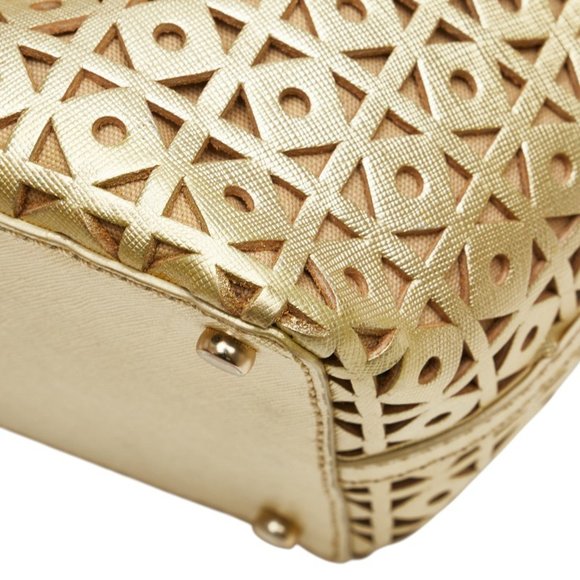 Kate Spade logo punched tote bag, gold leather handbag, women's.